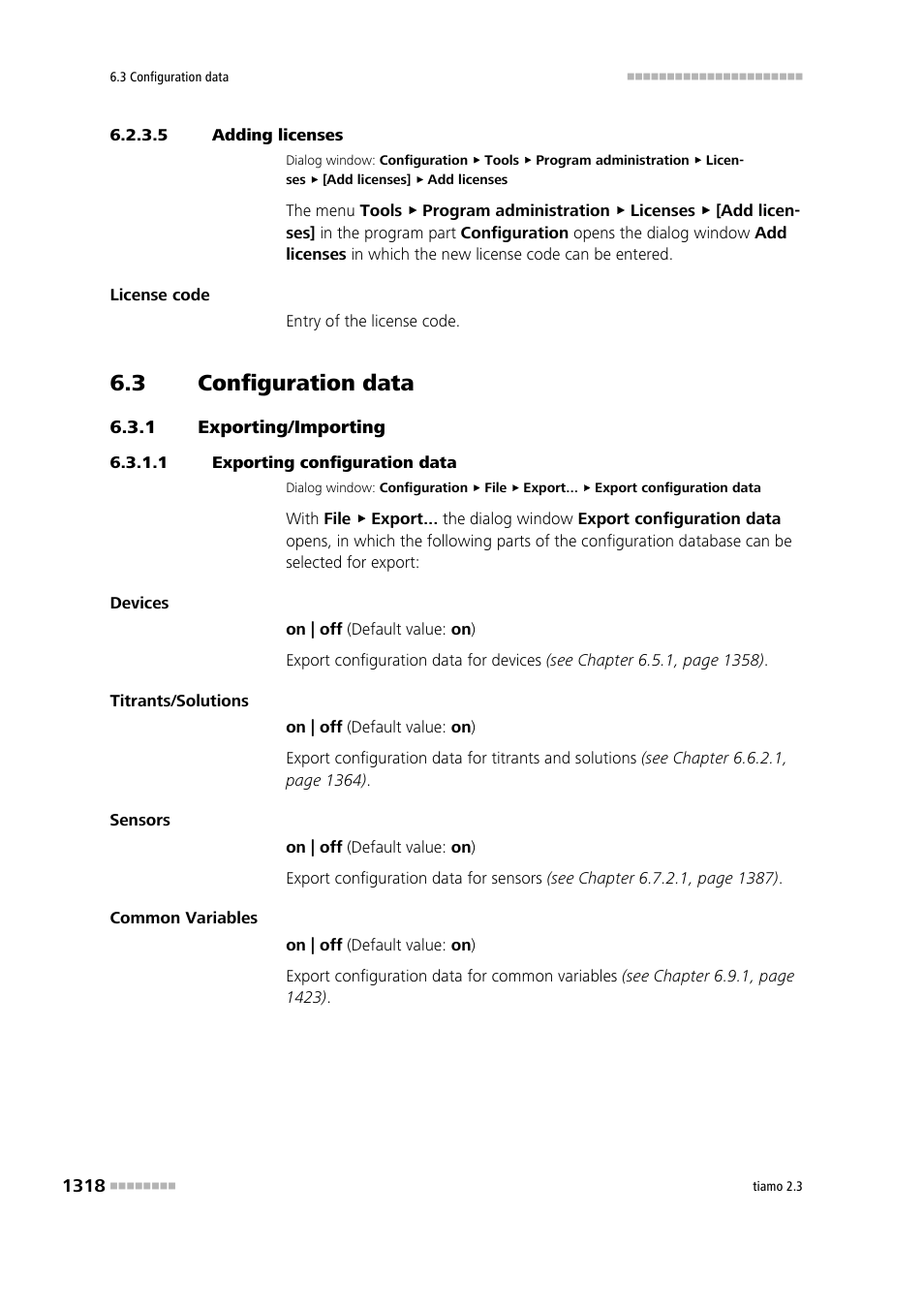 5 adding licenses, 3 configuration data, 1 exporting/importing | 1 exporting configuration data, Configuration data 8, Exporting/importing 8, Export configuration data | Metrohm tiamo 2.3 Manual User Manual | Page 1334 / 1697