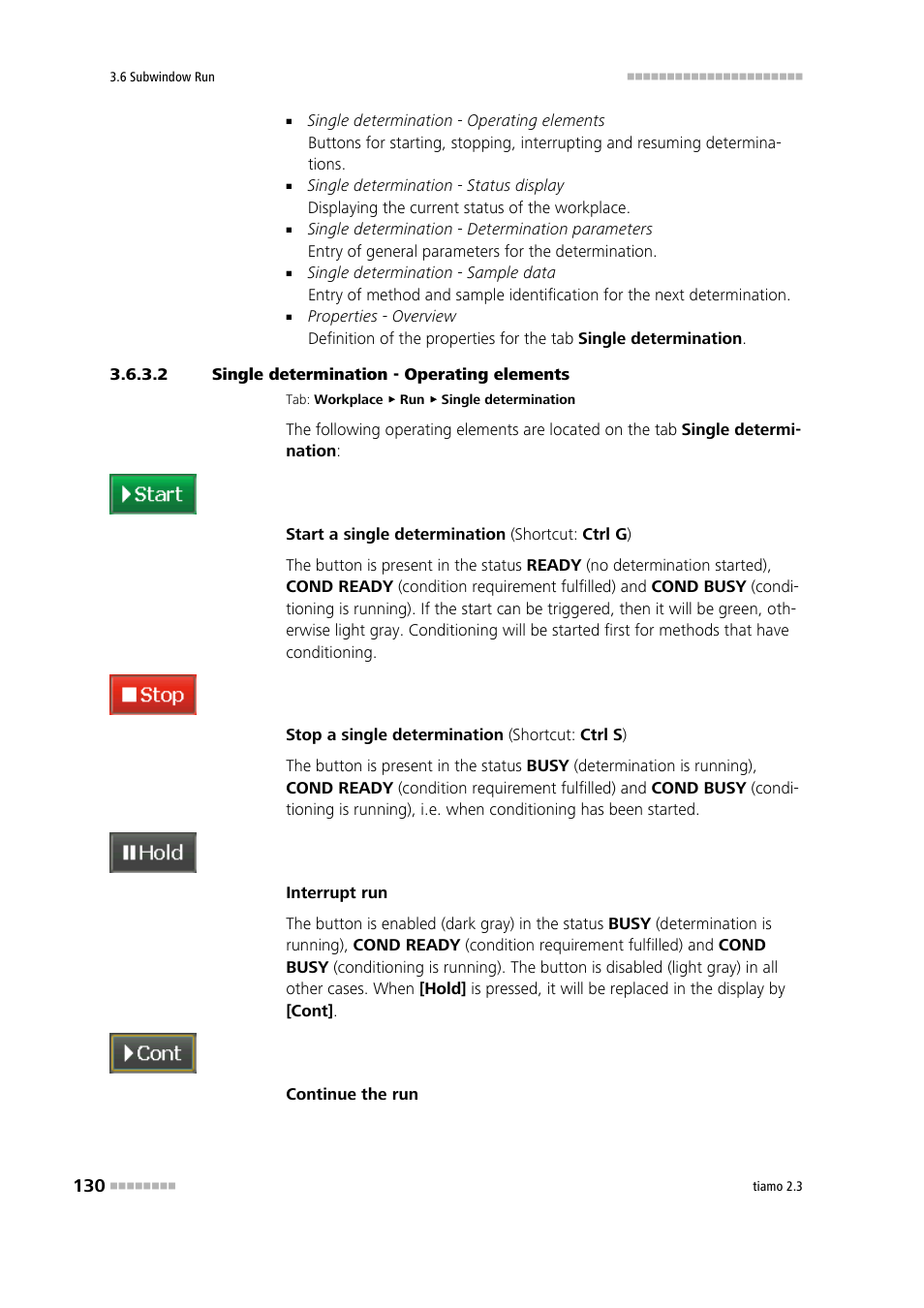 2 single determination - operating elements, Start/stop single determination, Interrupt/resume single determination | Metrohm tiamo 2.3 Manual User Manual | Page 146 / 1697