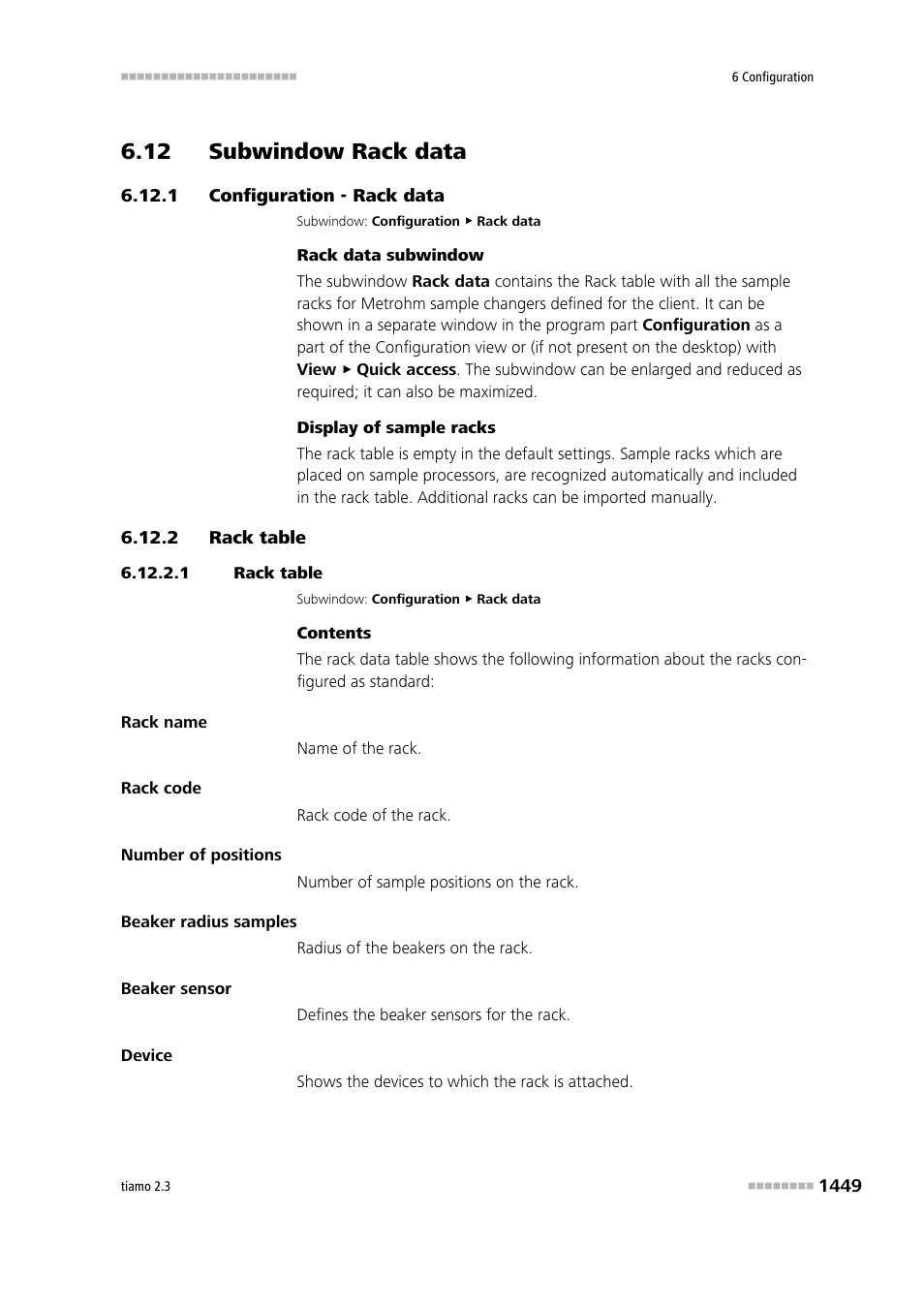 12 subwindow rack data, 1 configuration - rack data, 2 rack table | 1 rack table, 12 subwindow rack data 9 6.12.1, Configuration - rack data 9, Rack table 9, Rack data | Metrohm tiamo 2.3 Manual User Manual | Page 1465 / 1697