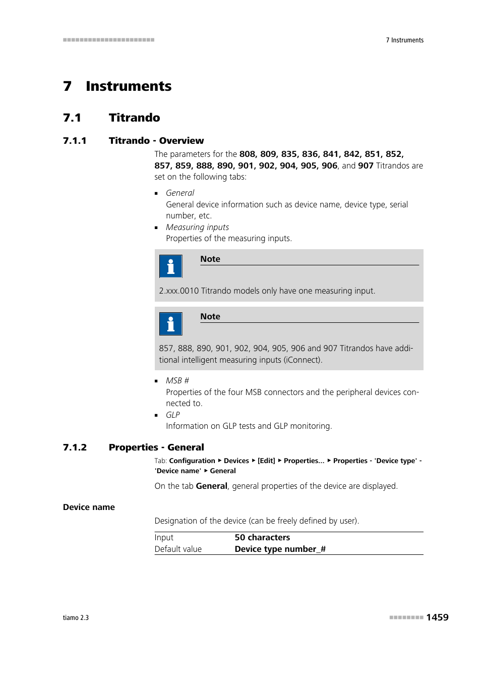 7 instruments, 1 titrando, 1 titrando - overview | 2 properties - general, Titrando 9, Titrando - overview 9, Properties - general 9, Titrando | Metrohm tiamo 2.3 Manual User Manual | Page 1475 / 1697