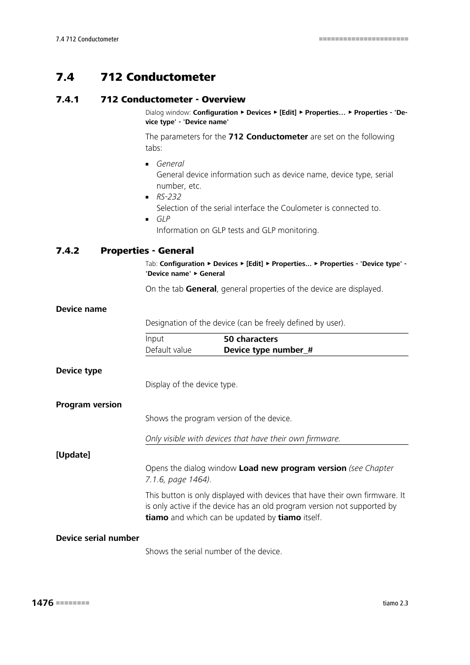 4 712 conductometer, 1 712 conductometer - overview, 2 properties - general | 712 conductometer 6, 712 conductometer - overview 6, Properties - general 6, 712 conductometer | Metrohm tiamo 2.3 Manual User Manual | Page 1492 / 1697