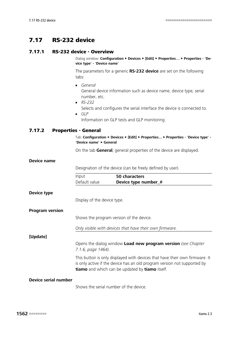 17 rs-232 device, 1 rs-232 device - overview, 2 properties - general | 17 rs-232 device 2 7.17.1, Rs-232 device - overview 2, Properties - general 2, Rs-232 device | Metrohm tiamo 2.3 Manual User Manual | Page 1578 / 1697