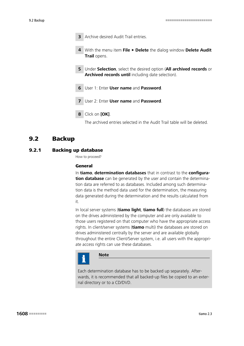 2 backup, 1 backing up database, Backup 8 | Backing up database 8 | Metrohm tiamo 2.3 Manual User Manual | Page 1624 / 1697
