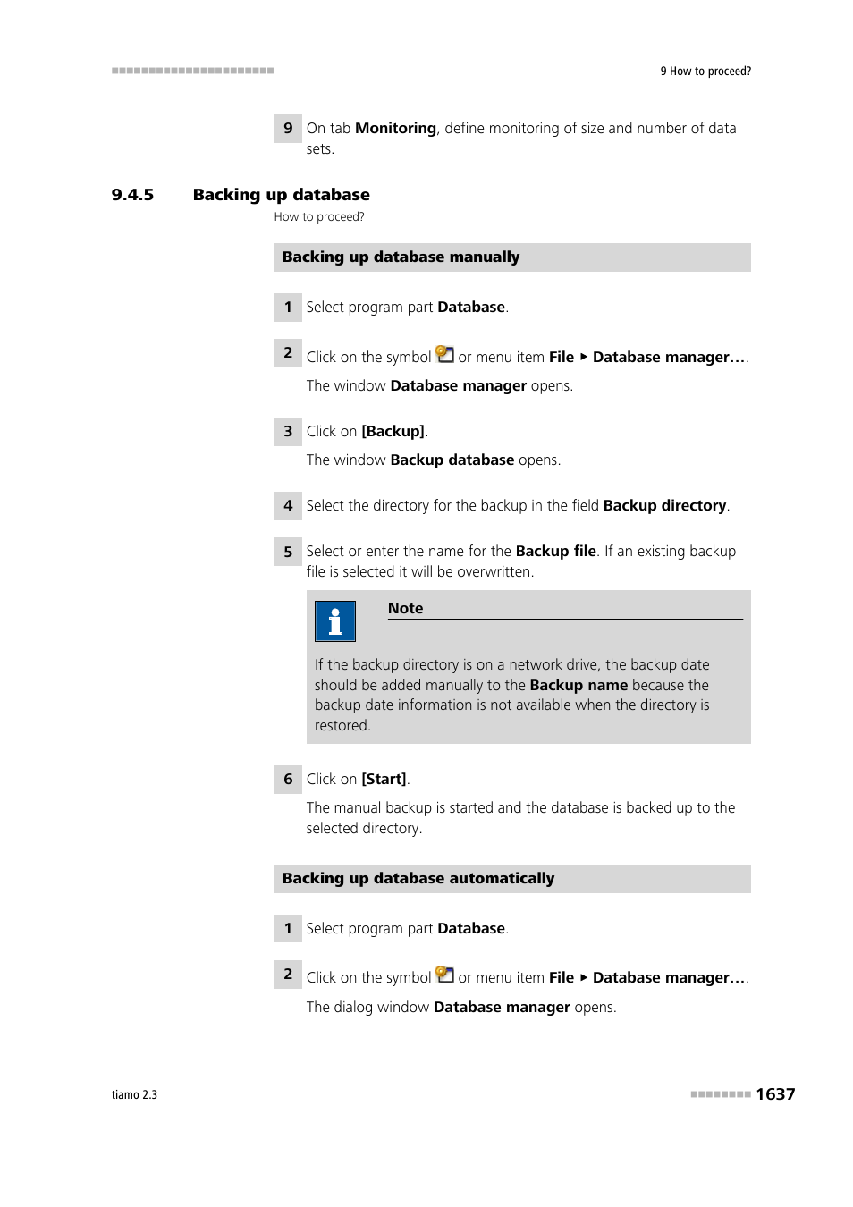 5 backing up database, Backing up database 7 | Metrohm tiamo 2.3 Manual User Manual | Page 1653 / 1697