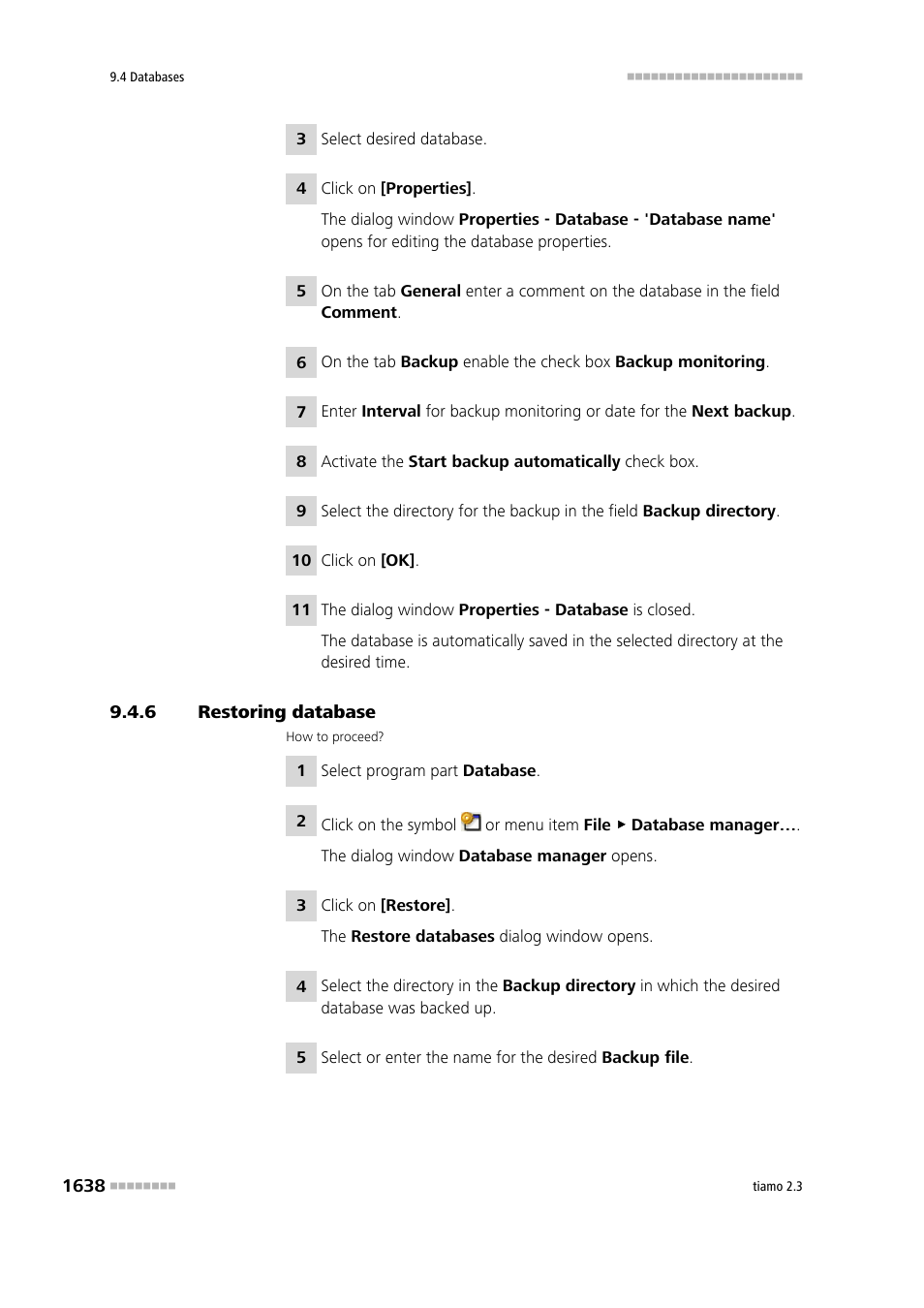 6 restoring database, Restoring database 8 | Metrohm tiamo 2.3 Manual User Manual | Page 1654 / 1697