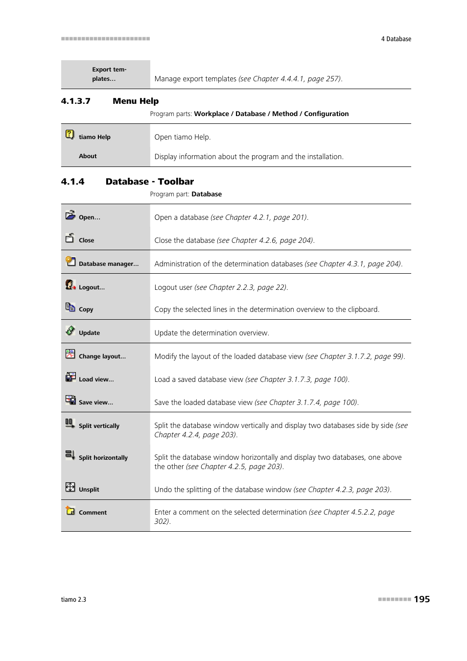 7 menu help, 4 database - toolbar, Database - toolbar | Metrohm tiamo 2.3 Manual User Manual | Page 211 / 1697