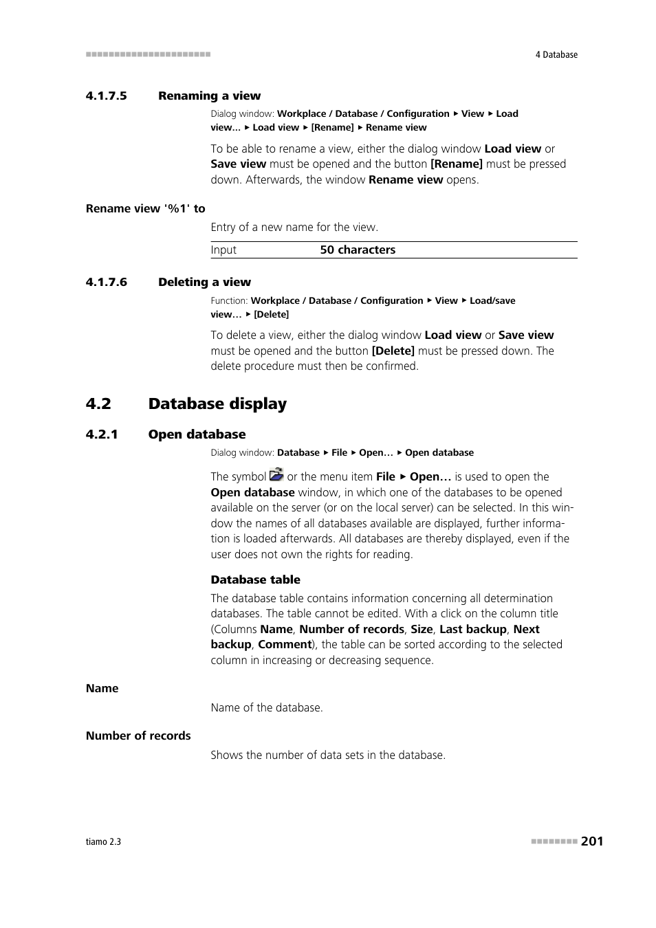 5 renaming a view, 6 deleting a view, 2 database display | 1 open database, Database display, Open database | Metrohm tiamo 2.3 Manual User Manual | Page 217 / 1697