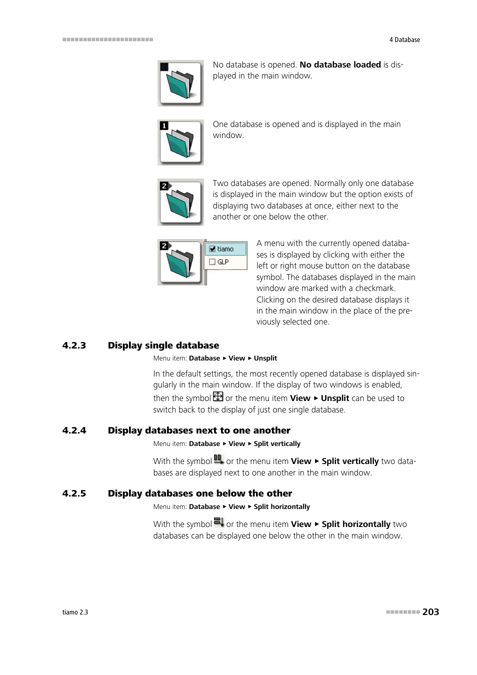 3 display single database, 4 display databases next to one another, 5 display databases one below the other | Display single database, Display databases next to one another, Display databases one below the other | Metrohm tiamo 2.3 Manual User Manual | Page 219 / 1697