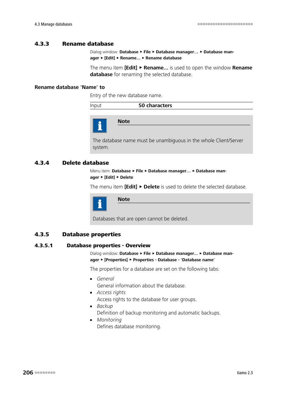 3 rename database, 4 delete database, 5 database properties | 1 database properties - overview, Rename database, Delete database, Database properties, Rename the database, Edit the database properties, Delete the database | Metrohm tiamo 2.3 Manual User Manual | Page 222 / 1697