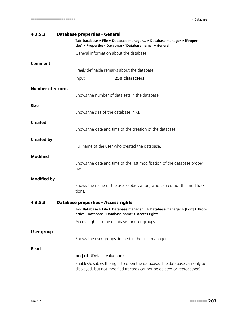 2 database properties - general, 3 database properties - access rights | Metrohm tiamo 2.3 Manual User Manual | Page 223 / 1697