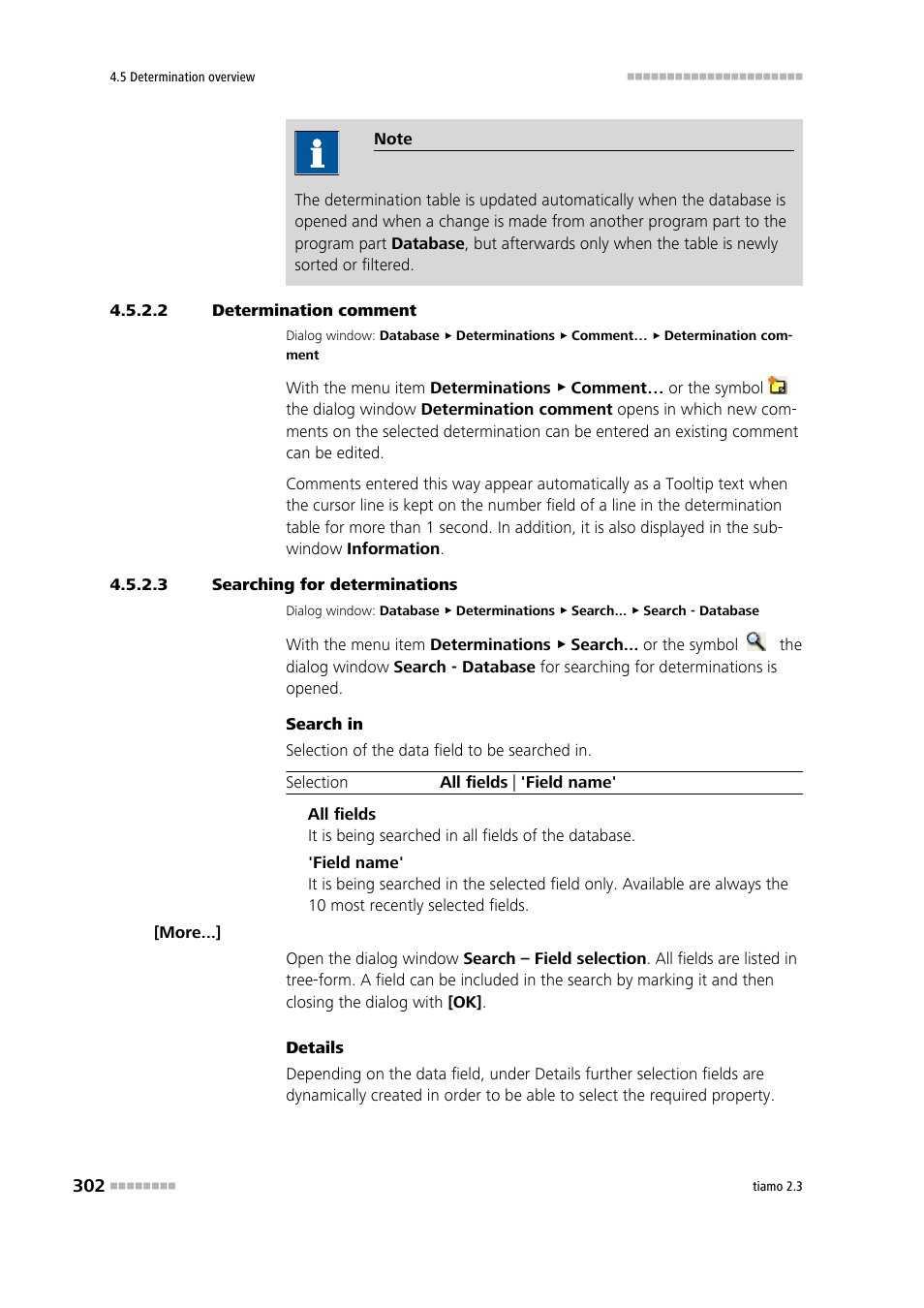 2 determination comment, 3 searching for determinations, Enter determination comment | Search determinations | Metrohm tiamo 2.3 Manual User Manual | Page 318 / 1697