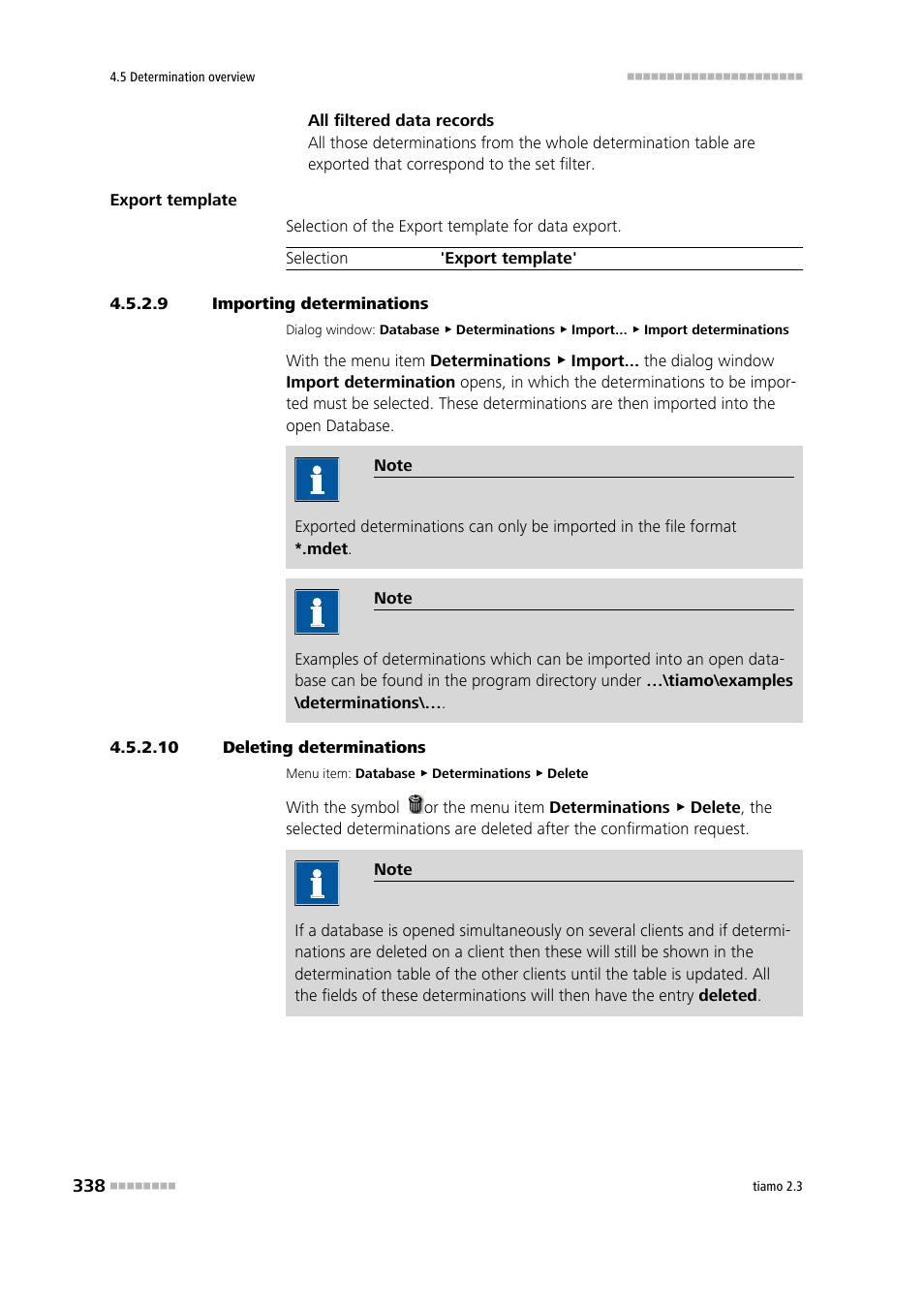 9 importing determinations, 10 deleting determinations, Import determinations | Delete determinations | Metrohm tiamo 2.3 Manual User Manual | Page 354 / 1697