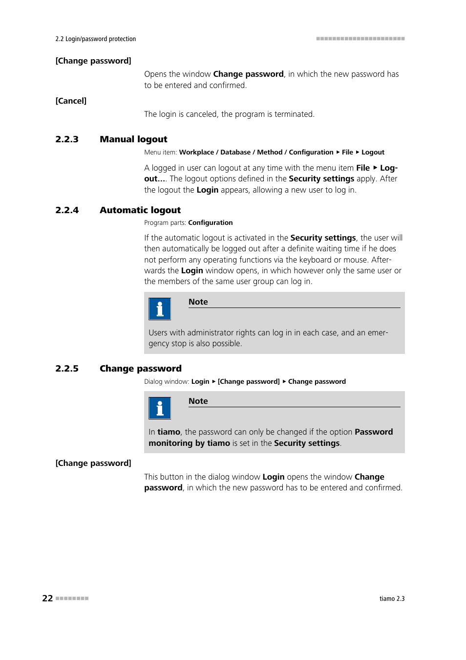 3 manual logout, 4 automatic logout, 5 change password | Manual logout, Automatic logout, Change password | Metrohm tiamo 2.3 Manual User Manual | Page 38 / 1697