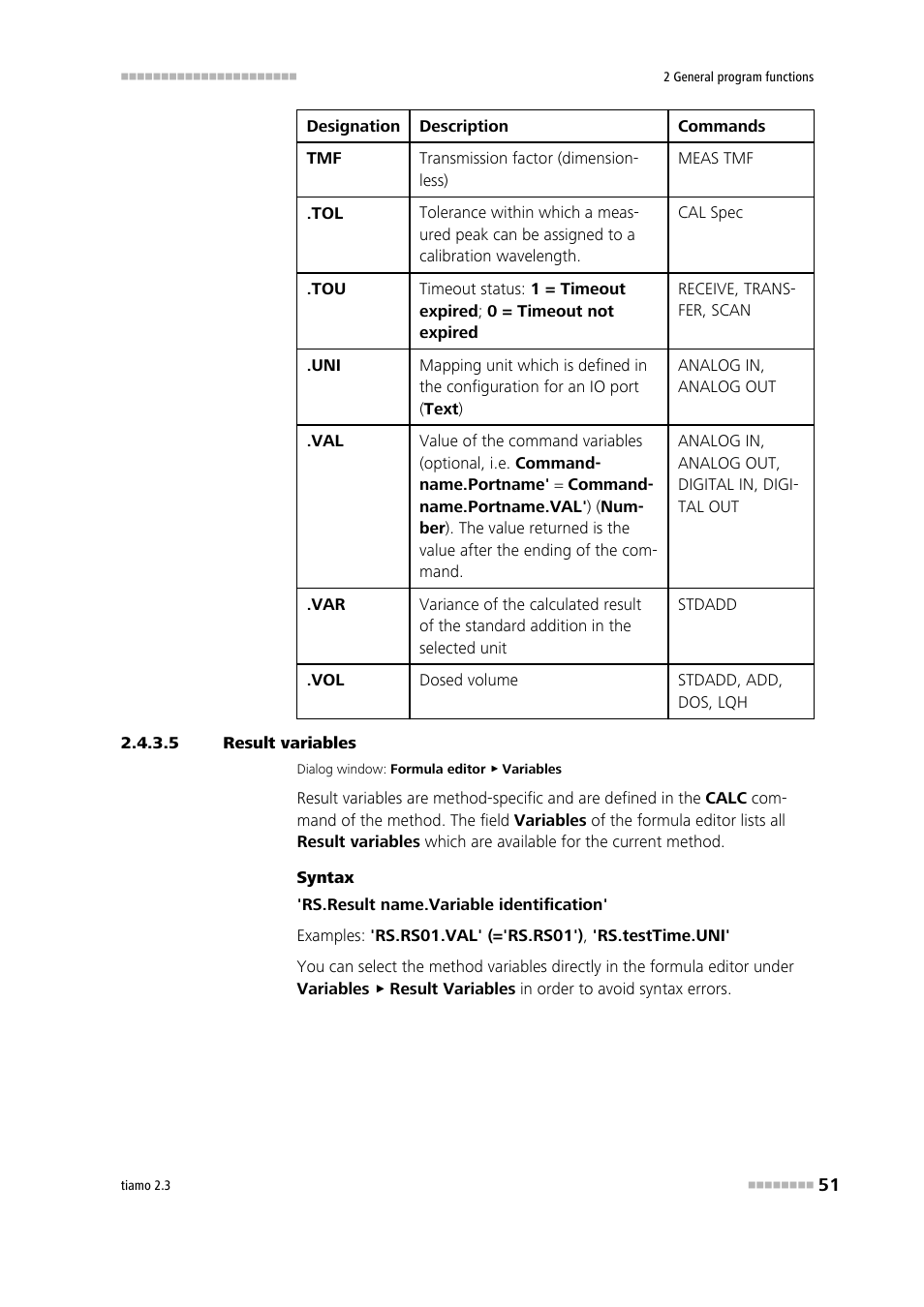 5 result variables, Result vari- ables | Metrohm tiamo 2.3 Manual User Manual | Page 67 / 1697