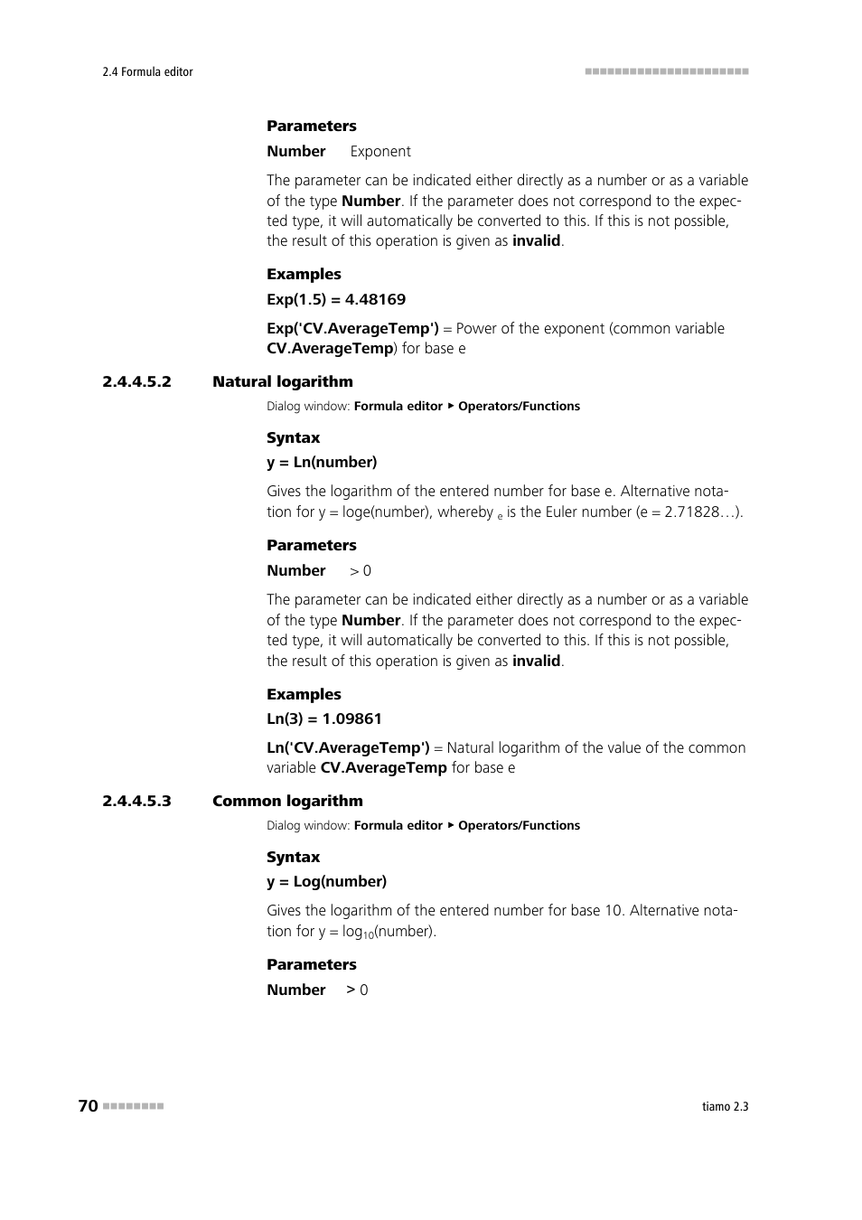 2 natural logarithm, 3 common logarithm, Natural logarithm | Common logarithm (log) | Metrohm tiamo 2.3 Manual User Manual | Page 86 / 1697