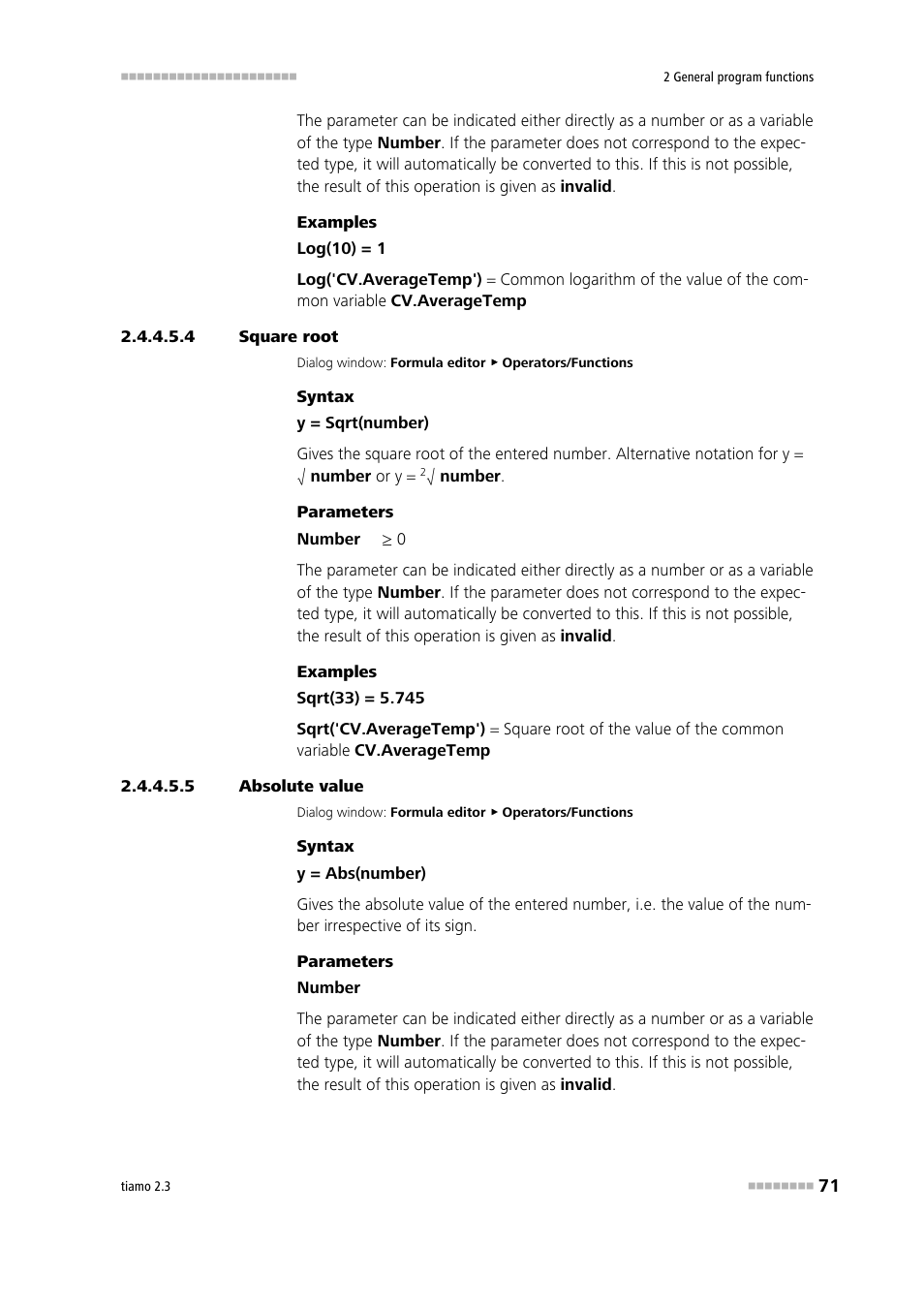 4 square root, 5 absolute value, Square root (sqrt) | Absolute value | Metrohm tiamo 2.3 Manual User Manual | Page 87 / 1697