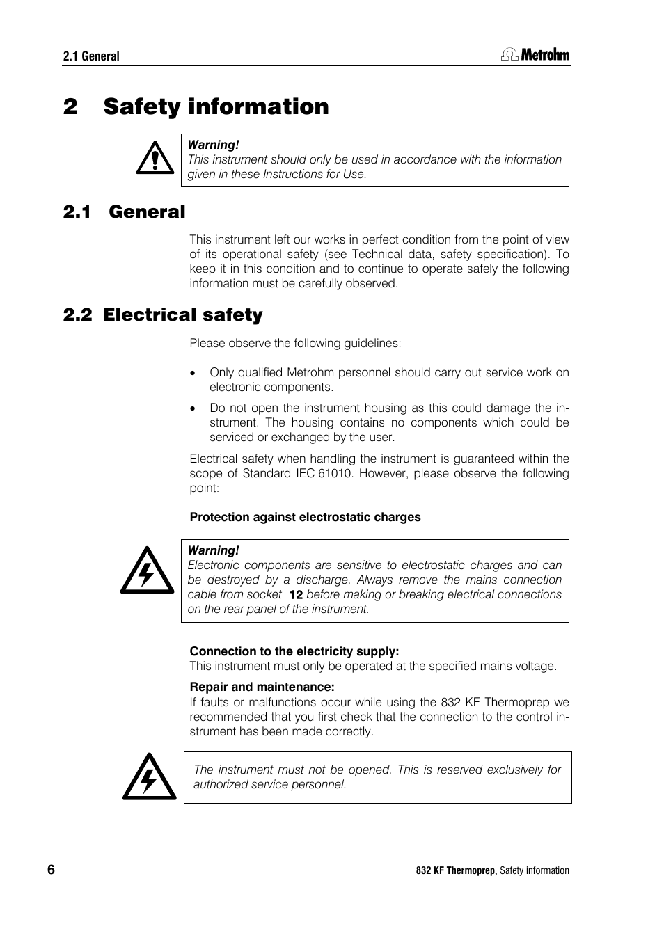 2 safety information, 1 general, 2 electrical safety | Safety information, General, Electrical safety | Metrohm 832 KF Thermoprep User Manual | Page 10 / 36