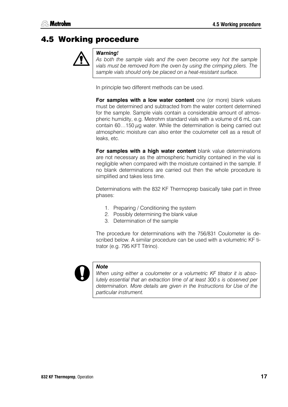 5 working procedure, Working procedure | Metrohm 832 KF Thermoprep User Manual | Page 21 / 36