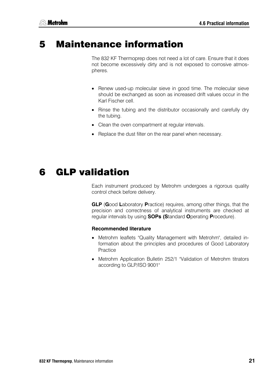 5 maintenance information, 6 glp validation, Maintenance information | Glp validation | Metrohm 832 KF Thermoprep User Manual | Page 25 / 36