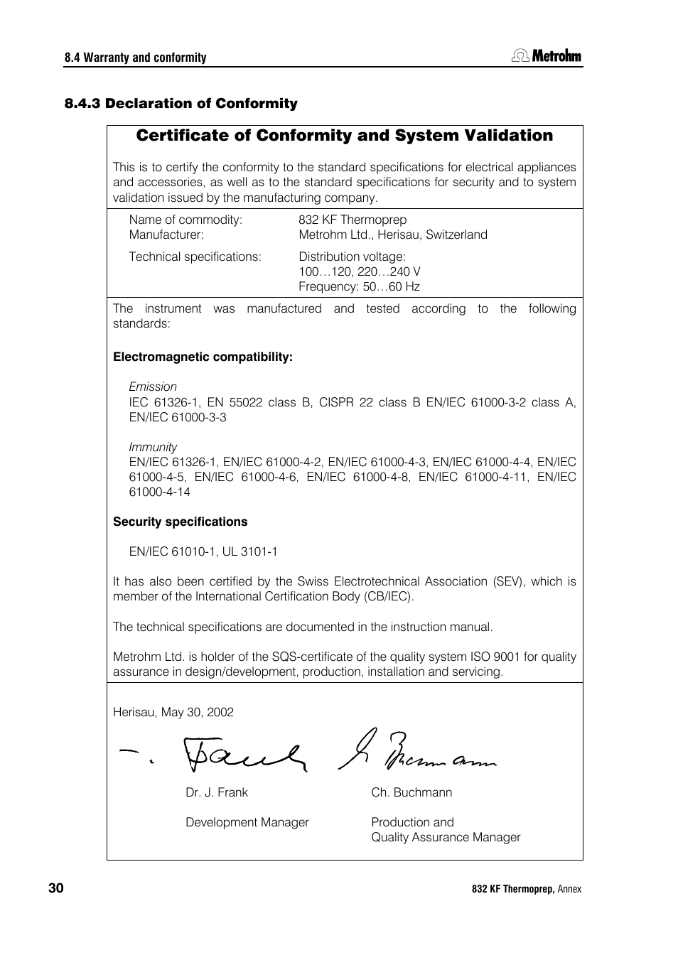 3 declaration of conformity, Declaration of conformity, Certificate of conformity and system validation | Metrohm 832 KF Thermoprep User Manual | Page 34 / 36