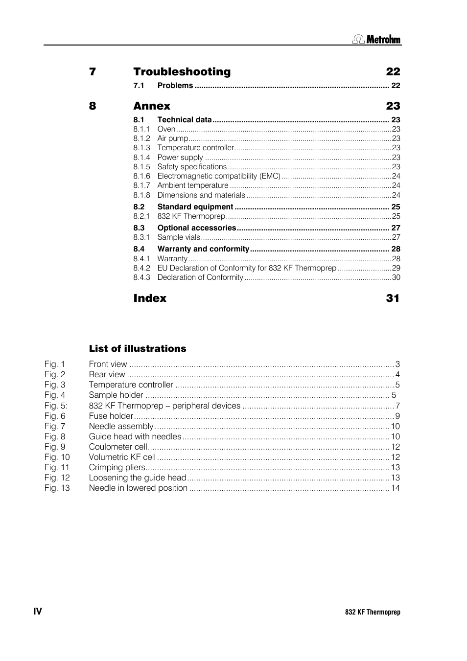 List of illustrations, Troubleshooting 22, Annex 23 | Index 31 | Metrohm 832 KF Thermoprep User Manual | Page 4 / 36