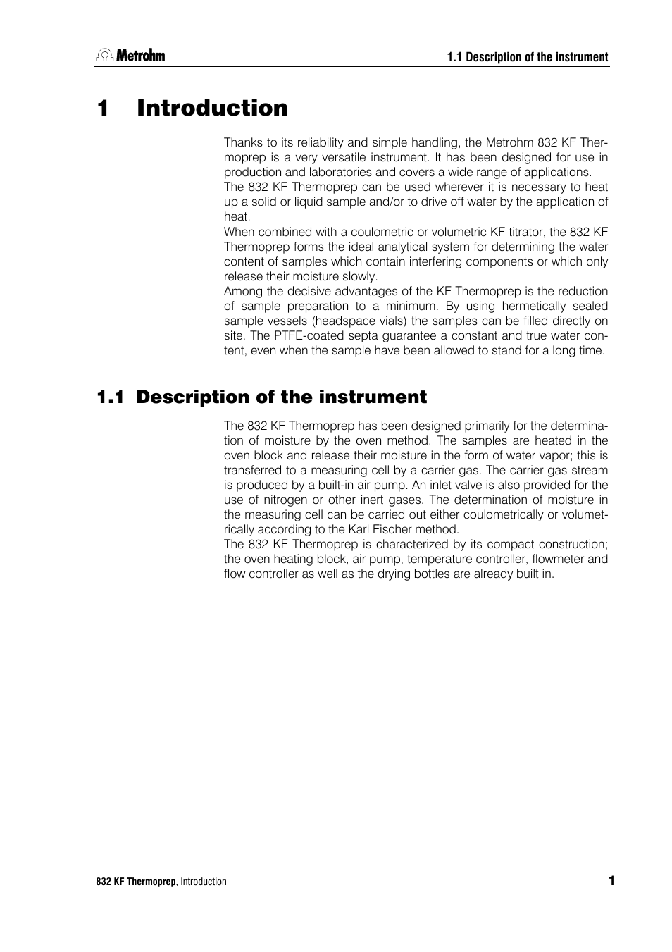 1 introduction, 1 description of the instrument, Introduction 1 | Description of the instrument | Metrohm 832 KF Thermoprep User Manual | Page 5 / 36