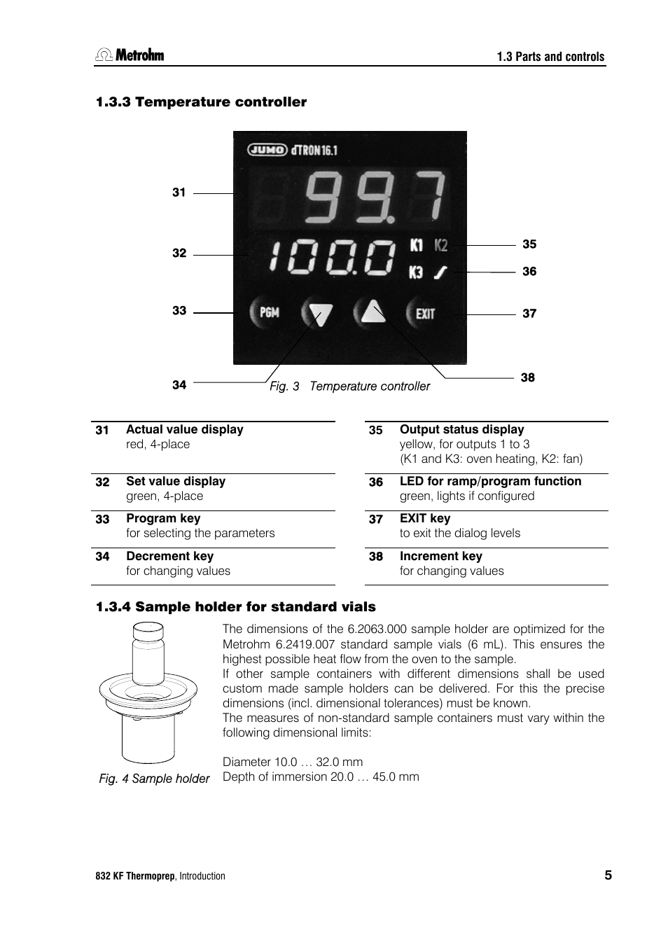 3 temperature controller, 4 sample holder for standard vials, Temperature controller | Sample holder for standard vials, Fig. 3, Fig. 4, Sample holder | Metrohm 832 KF Thermoprep User Manual | Page 9 / 36