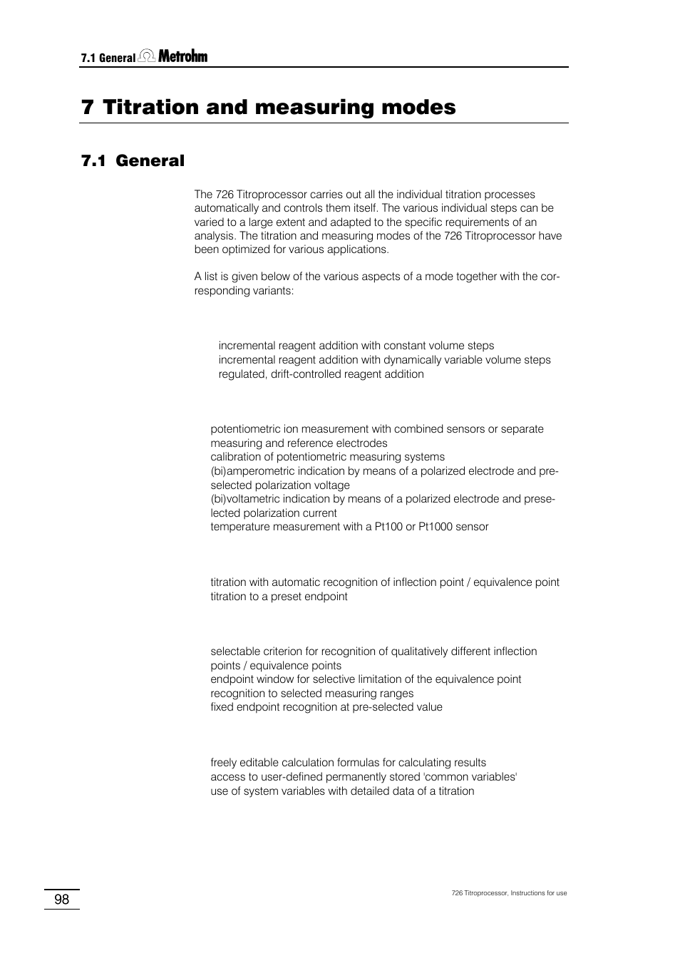 7 titration and measuring modes, 1 general | Metrohm 726 Titroprocessor User Manual | Page 104 / 307
