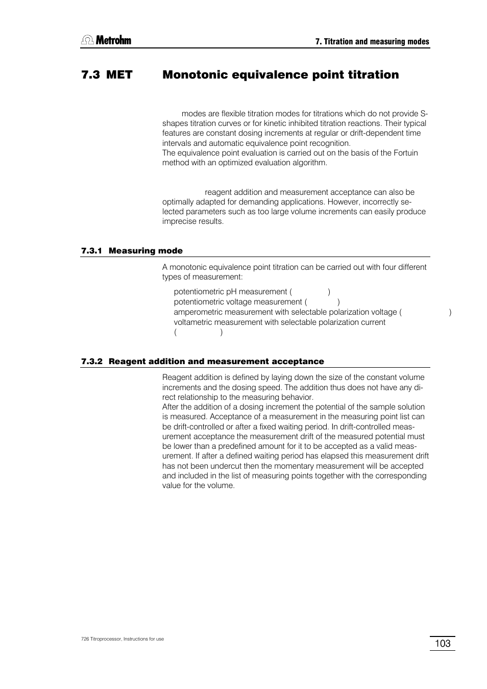 3 met monotonic equivalence point titration, 1 measuring mode, 2 reagent addition and measurement acceptance | 3 automatic equivalence point recognition, 4 fixed endpoints, 5 evaluation of pk and hnp values | Metrohm 726 Titroprocessor User Manual | Page 109 / 307