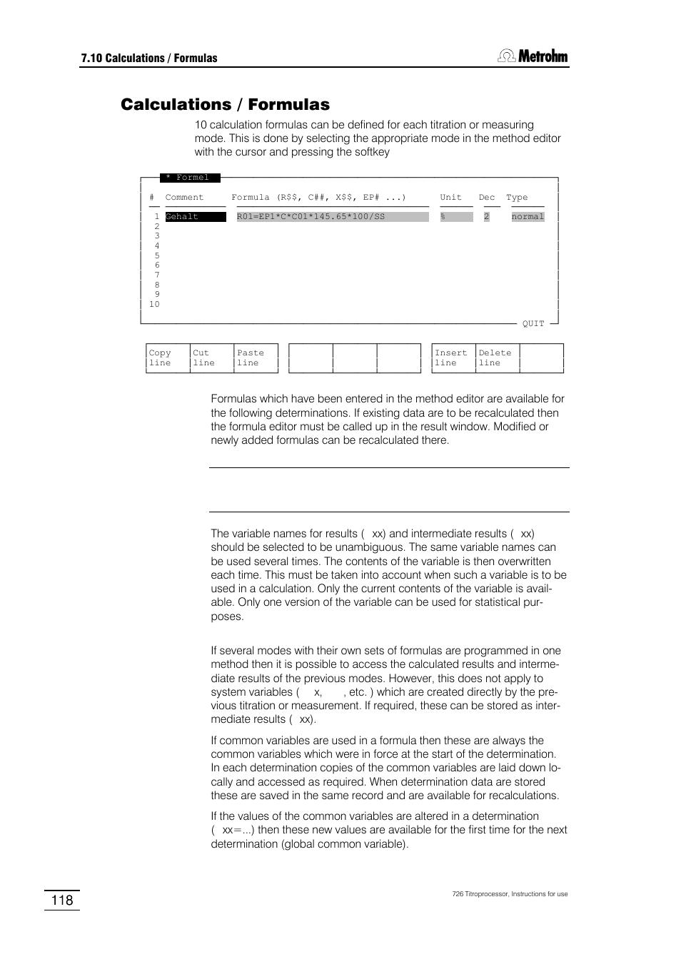 10 calculations / formulas, 1 system variables, 2 mathematical functions | Metrohm 726 Titroprocessor User Manual | Page 124 / 307