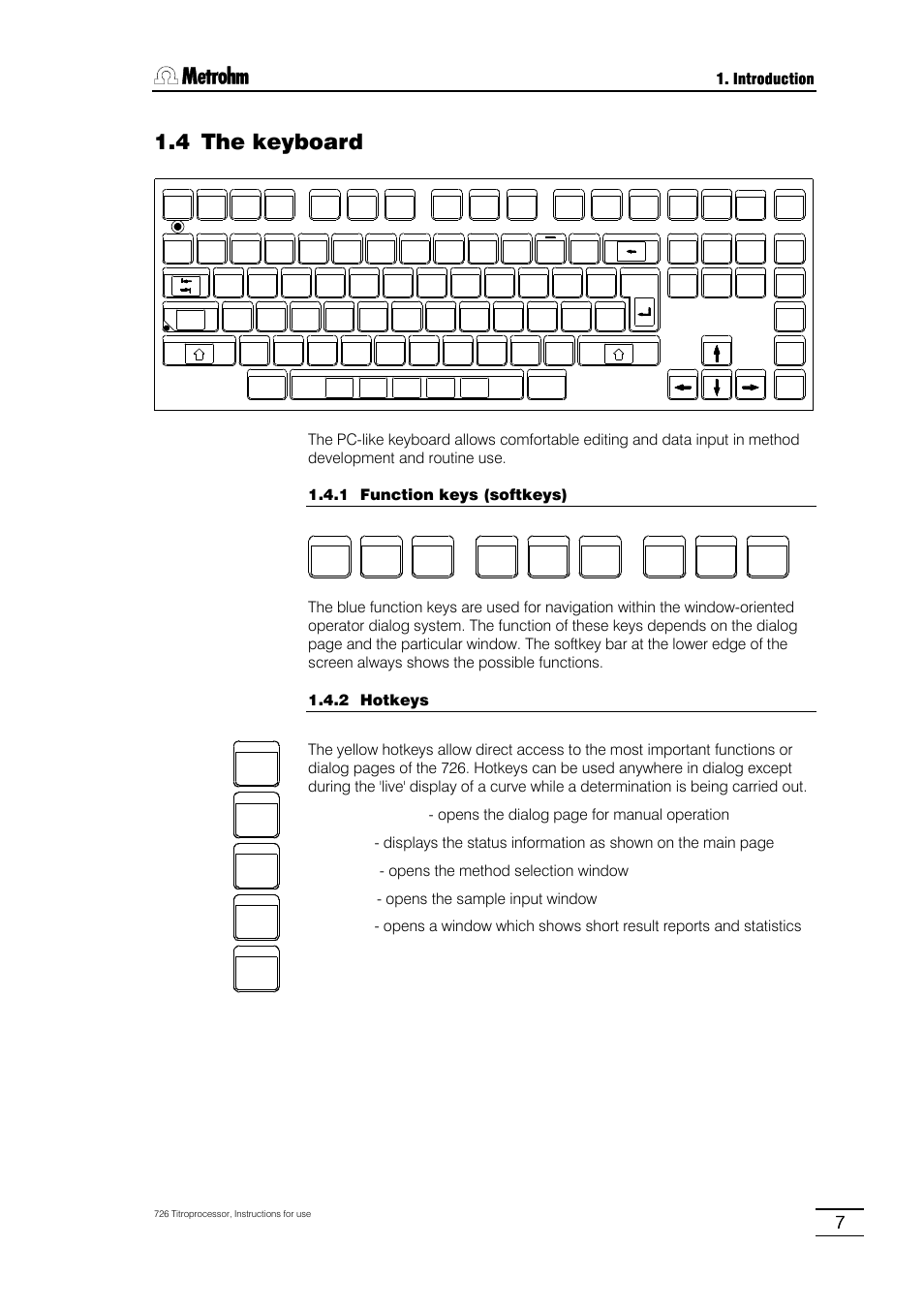 4 the keyboard, 1 function keys (softkeys), 2 hotkeys | 3 action keys, 4 manual printing, 5 navigation and editing keys, 6 help key, 7 the glp key, 8 special key abbreviations, Introduction . introduction | Metrohm 726 Titroprocessor User Manual | Page 13 / 307