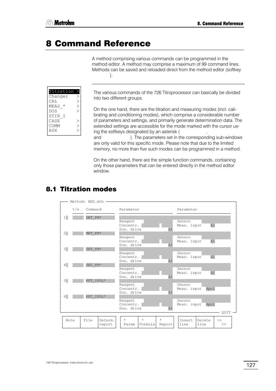 8 command reference, 1 titration modes | Metrohm 726 Titroprocessor User Manual | Page 133 / 307