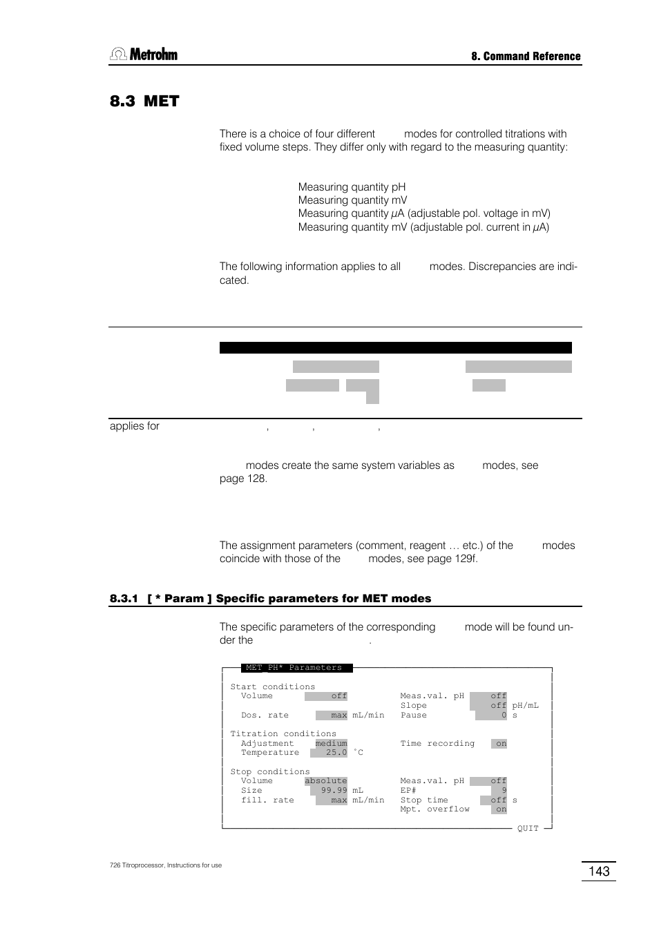 3 met, 1 specific parameters for met modes [ * param, 2 user adjustments | 3 ep recognition, 4 curve display | Metrohm 726 Titroprocessor User Manual | Page 149 / 307