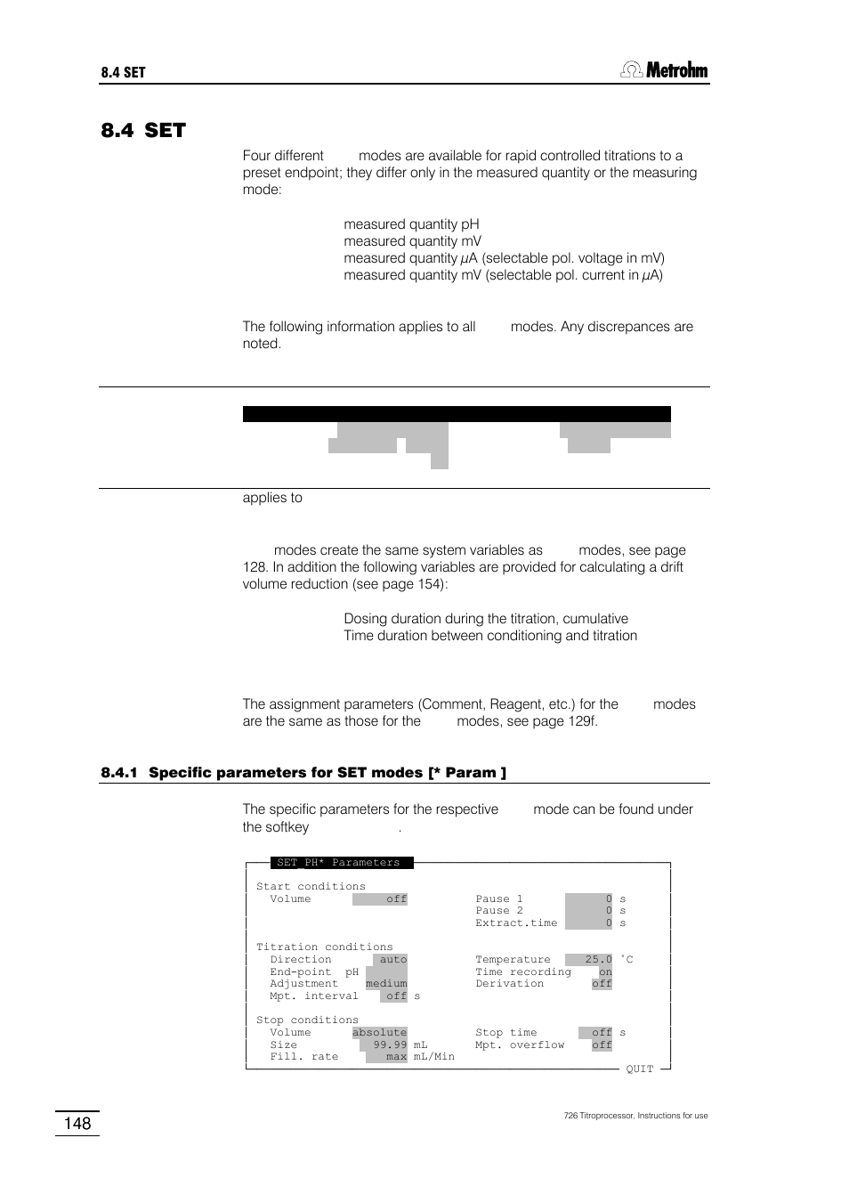 4 set, 1 specific parameters for set modes [* param, 2 custom adjustments | 3 curve display with set | Metrohm 726 Titroprocessor User Manual | Page 154 / 307