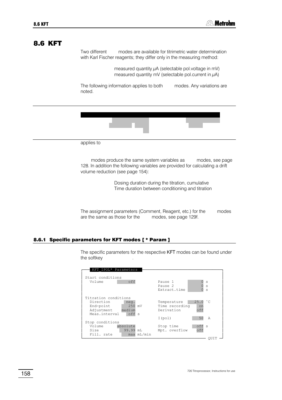 6 kft, 1 specific parameters for kft modes [ * param, 2 custom adjustments | 3 curve display with kft | Metrohm 726 Titroprocessor User Manual | Page 164 / 307