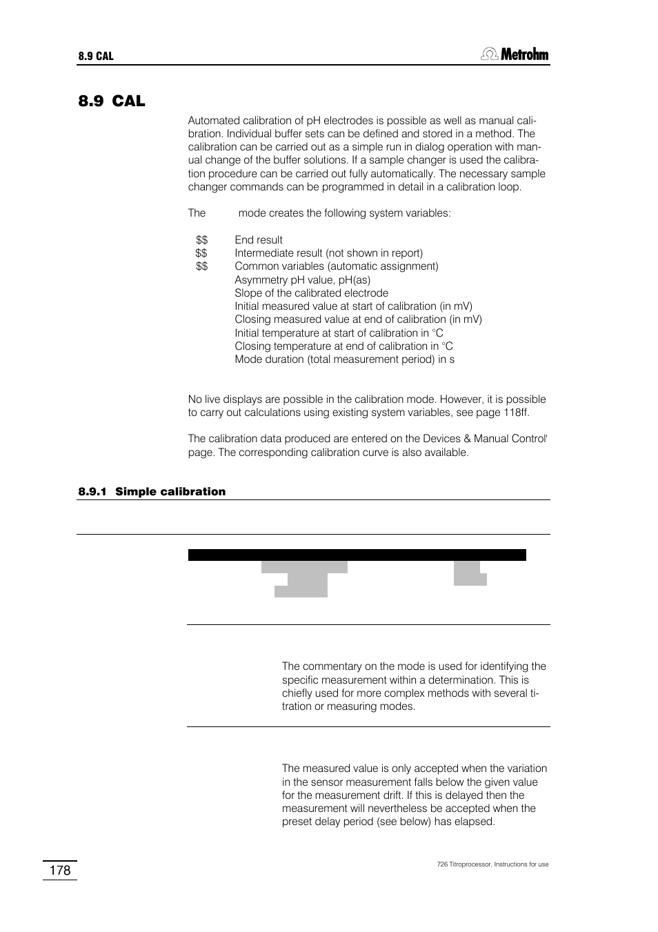 9 cal, 1 simple calibration, 2 specific cal* mode parameters [ * param | 3 automatic calibration | Metrohm 726 Titroprocessor User Manual | Page 184 / 307