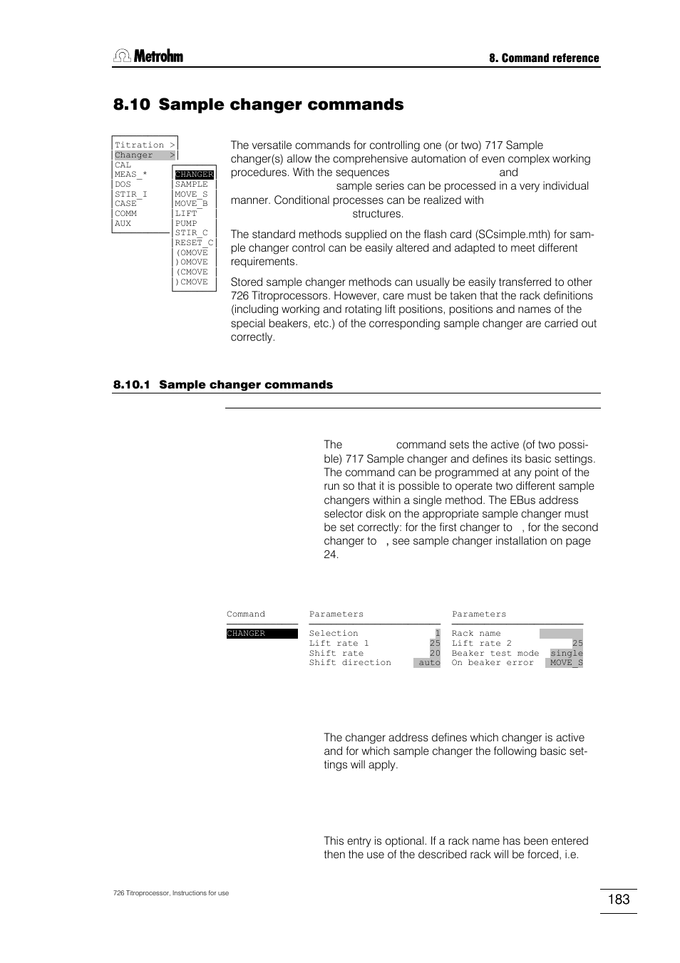 10 sample changer commands, 1 sample changer commands | Metrohm 726 Titroprocessor User Manual | Page 189 / 307