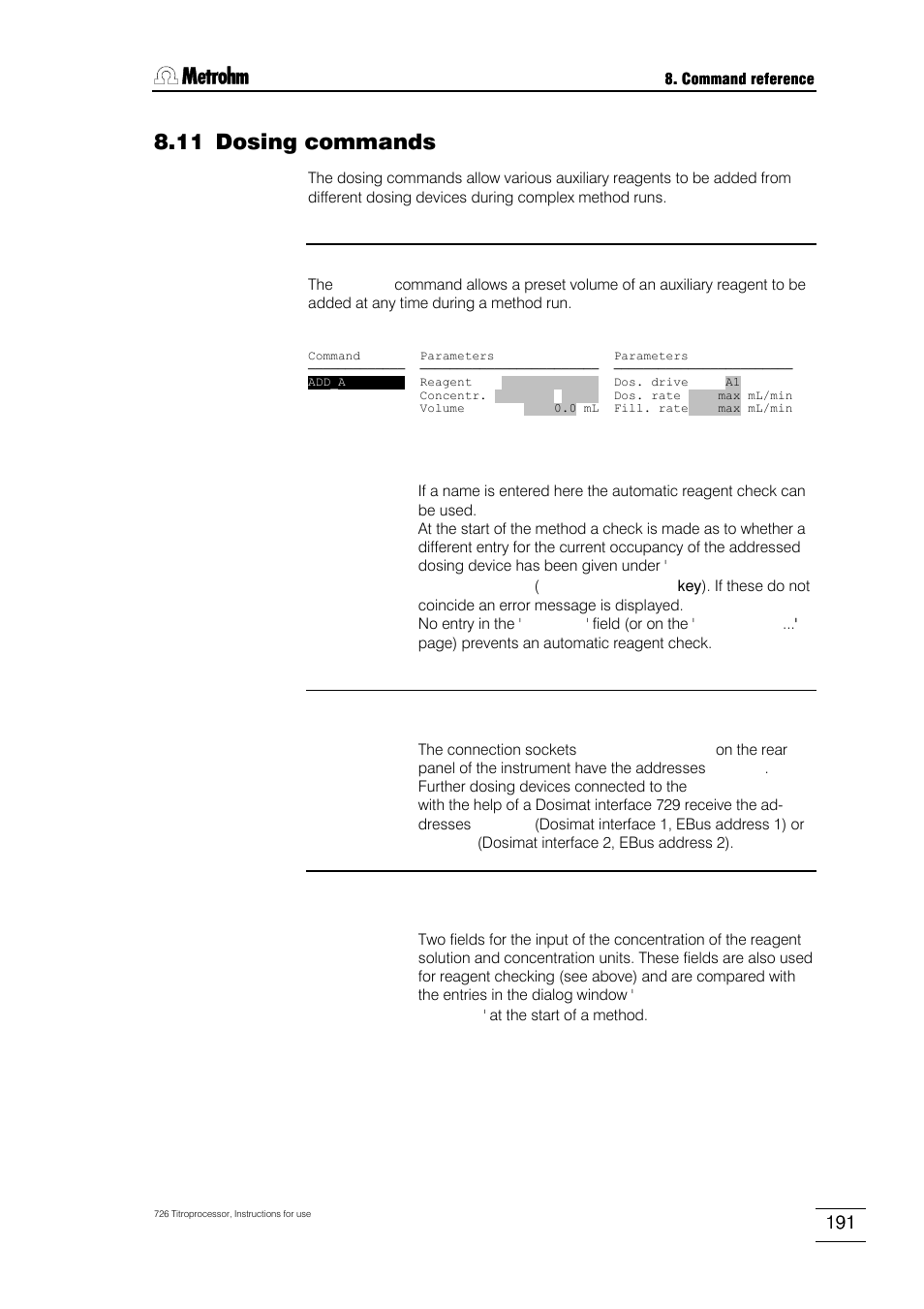 11 dosing commands | Metrohm 726 Titroprocessor User Manual | Page 197 / 307