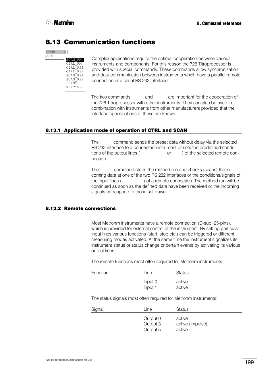 13 communication functions, 1 application mode of operation of ctrl and scan, 2 remote connections | 3 rs 232 interfaces, 4 other communication commands | Metrohm 726 Titroprocessor User Manual | Page 205 / 307