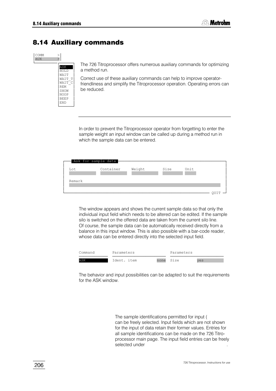 14 auxiliary commands | Metrohm 726 Titroprocessor User Manual | Page 212 / 307