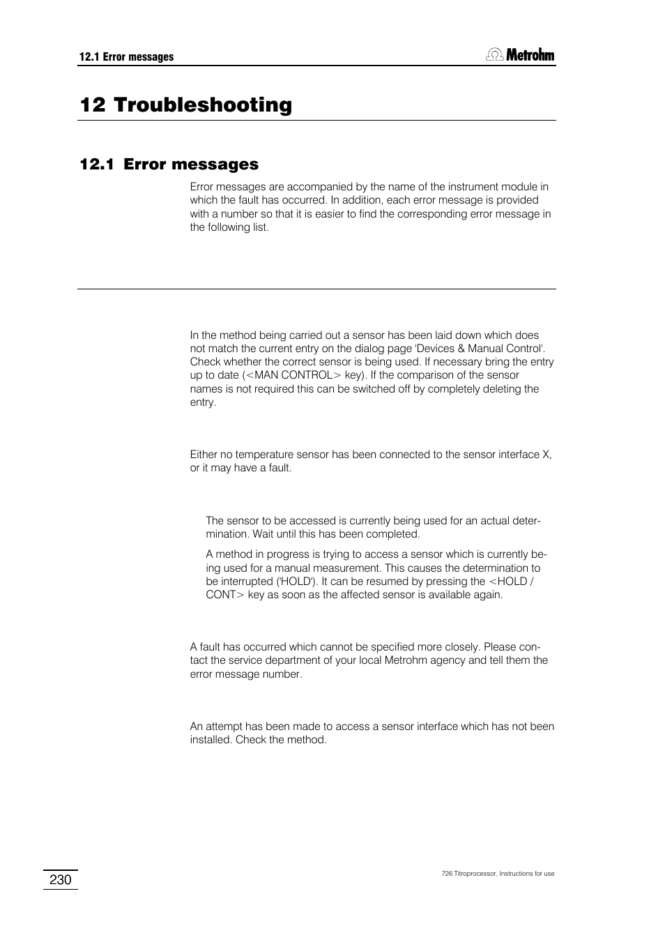 12 troubleshooting, 1 error messages | Metrohm 726 Titroprocessor User Manual | Page 236 / 307