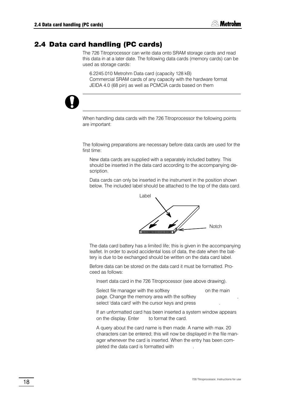 4 data card handling (pc cards) | Metrohm 726 Titroprocessor User Manual | Page 24 / 307