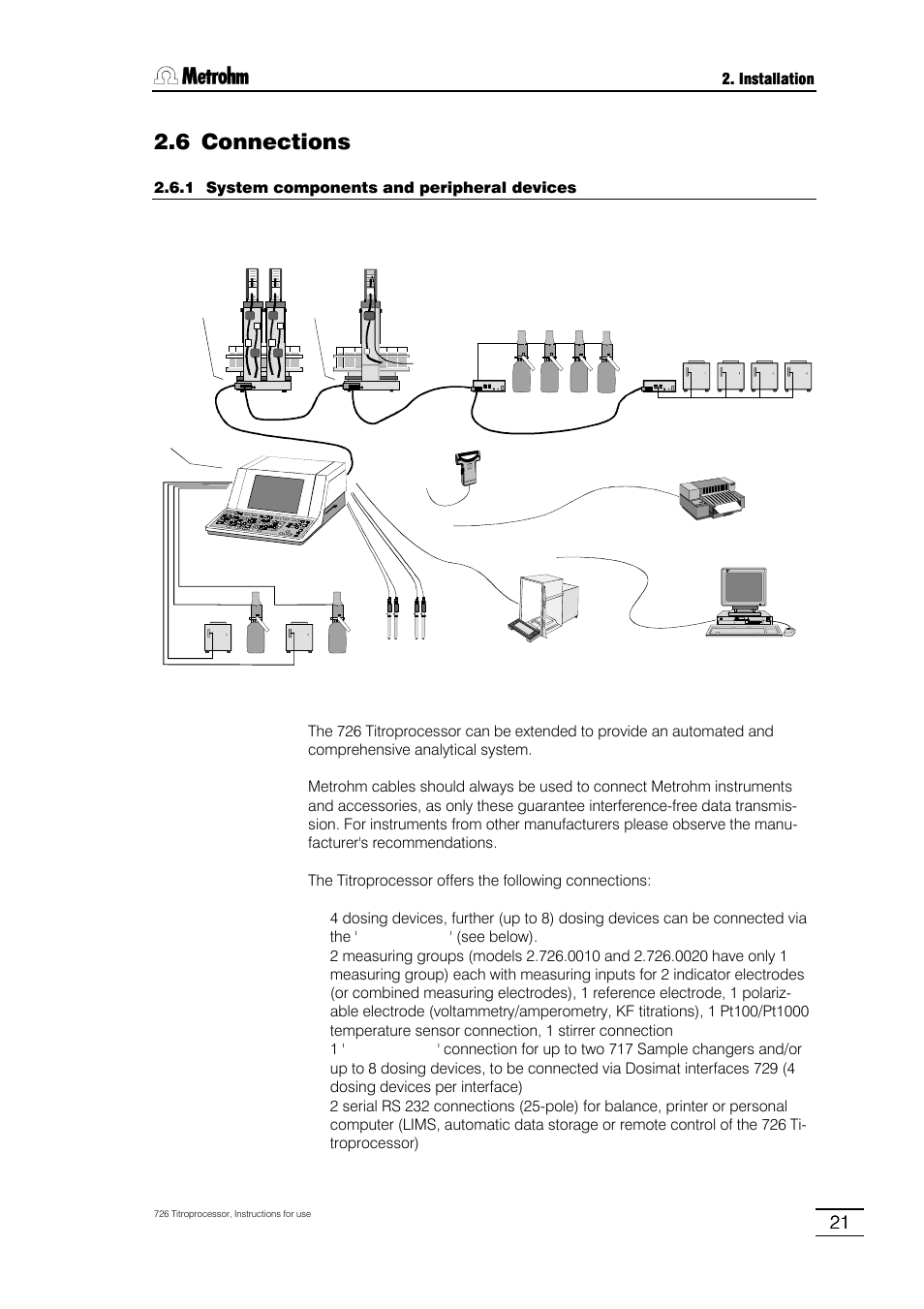 6 connections, 1 system components and peripheral devices, 2 dosing devices | 3 external bus, 4 sample changers, 5 sensors / electrodes, 6 connecting a balance, 7 connecting an external printer, 8 connecting a bar-code reader, 9 devices on the remote interface | Metrohm 726 Titroprocessor User Manual | Page 27 / 307