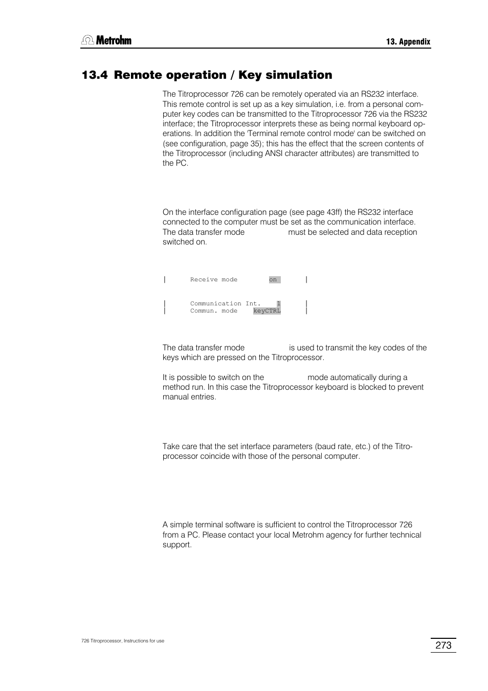 4 remote operation / key simulation | Metrohm 726 Titroprocessor User Manual | Page 279 / 307