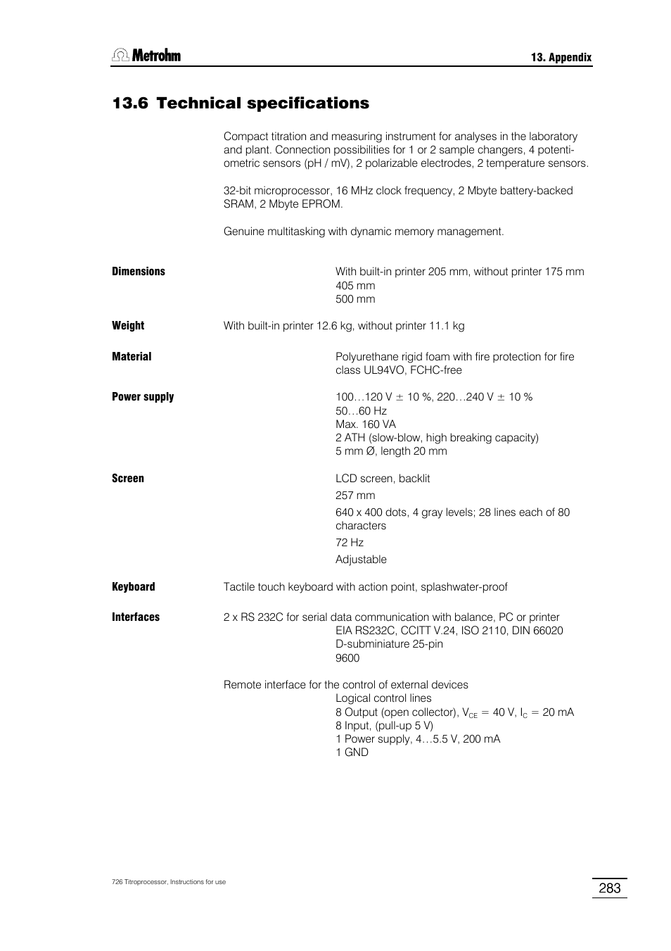 6 technical specifications | Metrohm 726 Titroprocessor User Manual | Page 289 / 307