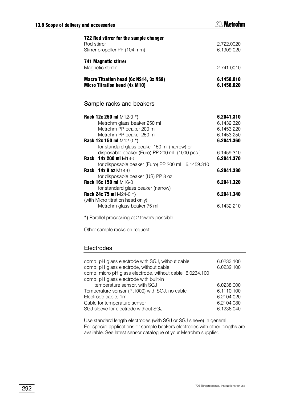 Sample racks and beakers, Electrodes | Metrohm 726 Titroprocessor User Manual | Page 298 / 307