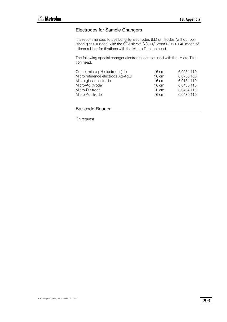 293 electrodes for sample changers, Bar-code reader | Metrohm 726 Titroprocessor User Manual | Page 299 / 307