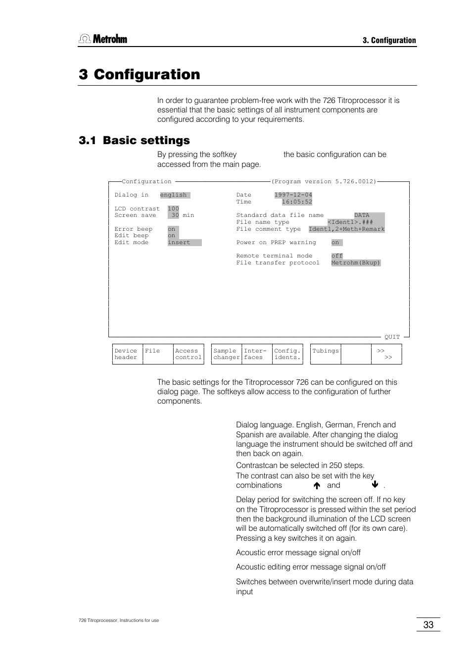 3 configuration, 1 basic settings | Metrohm 726 Titroprocessor User Manual | Page 39 / 307