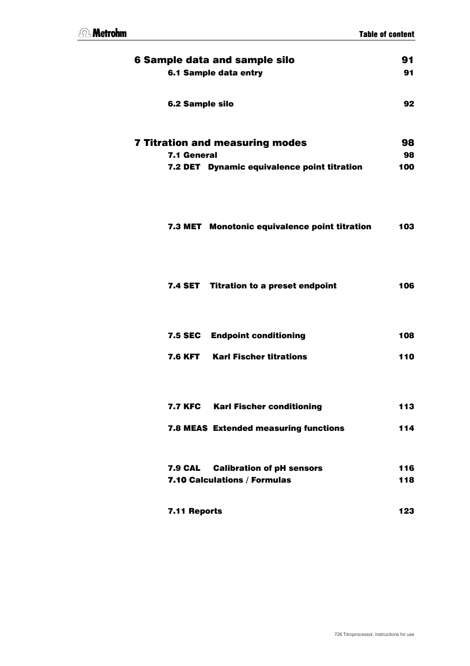 6 sample data and sample silo 91, 7 titration and measuring modes 98 | Metrohm 726 Titroprocessor User Manual | Page 4 / 307