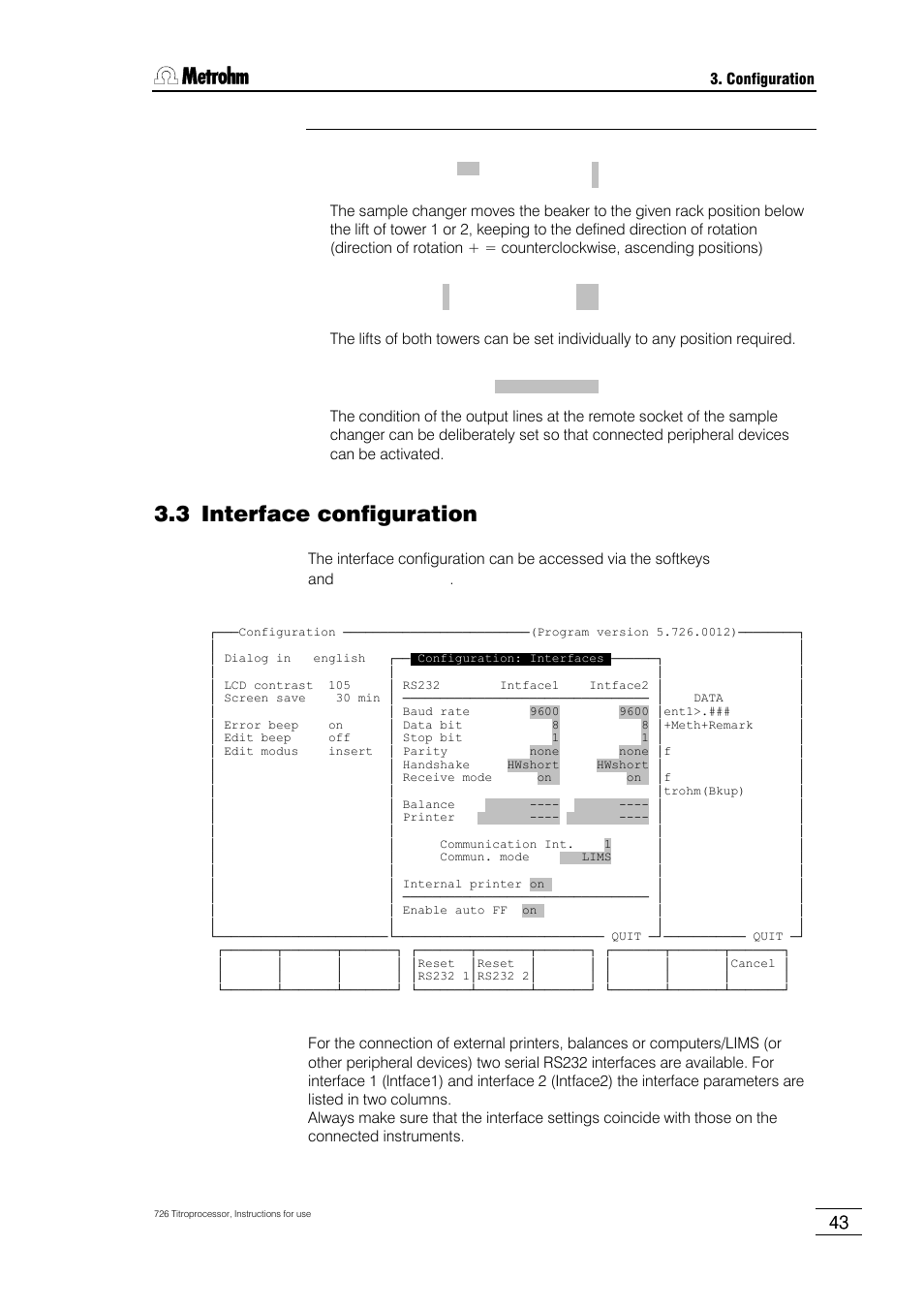 3 interface configuration, 1 setting the rs232 interfaces, 2 balances and printers | 3 data communication settings, 4 internal thermal printer, 5 initializing the rs232 interfaces | Metrohm 726 Titroprocessor User Manual | Page 49 / 307